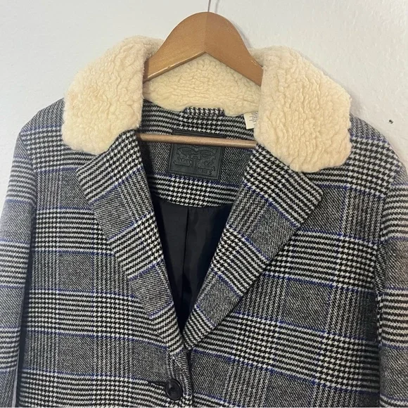 Levi's Amaya Wool Blend Fur Trimmed Collar Meteorite Plaid Pea Coat Size Small - Picture 4 of 16